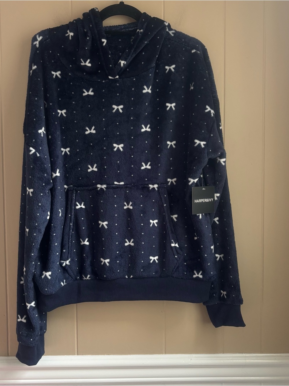 Harper & Ivy Women’s Bow Print Plush Fleece Hoodie Navy Blue White Size Large